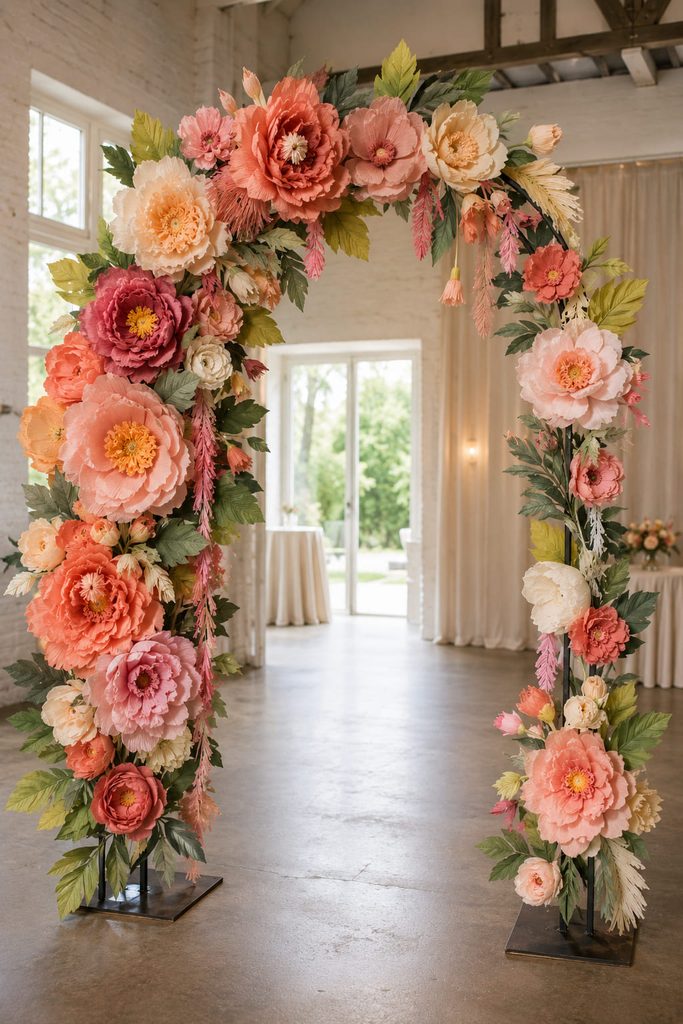 Large asymmetrical crepe paper floral arch with layered blooms, leaves, and open negative space.