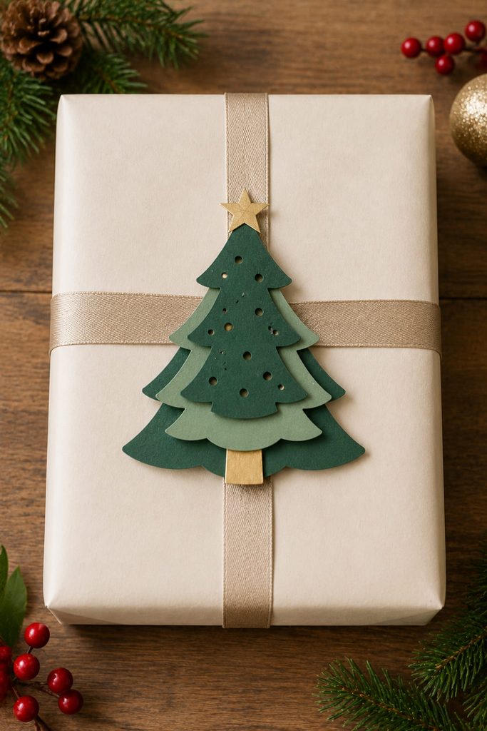 Layered green paper Christmas tree gift topper attached flat at a ribbon crossing on a wrapped present.
