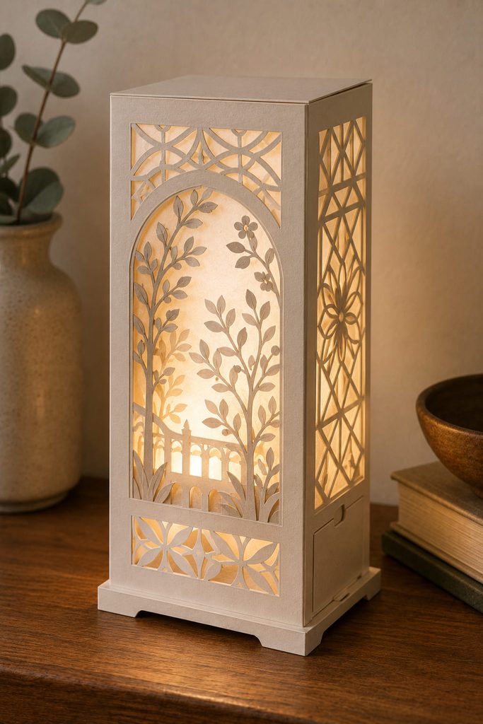 Paper lantern with layered cut windows, vellum diffusion, and a soft LED glow.