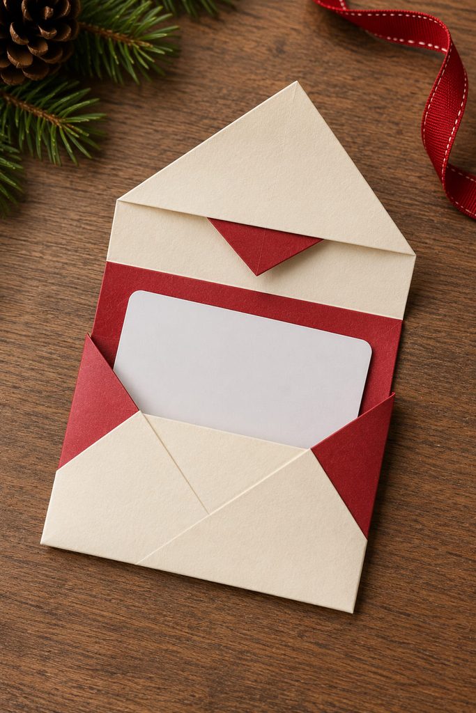 Folded cream gift-card envelope with a blank card partly inserted into the paper pocket.