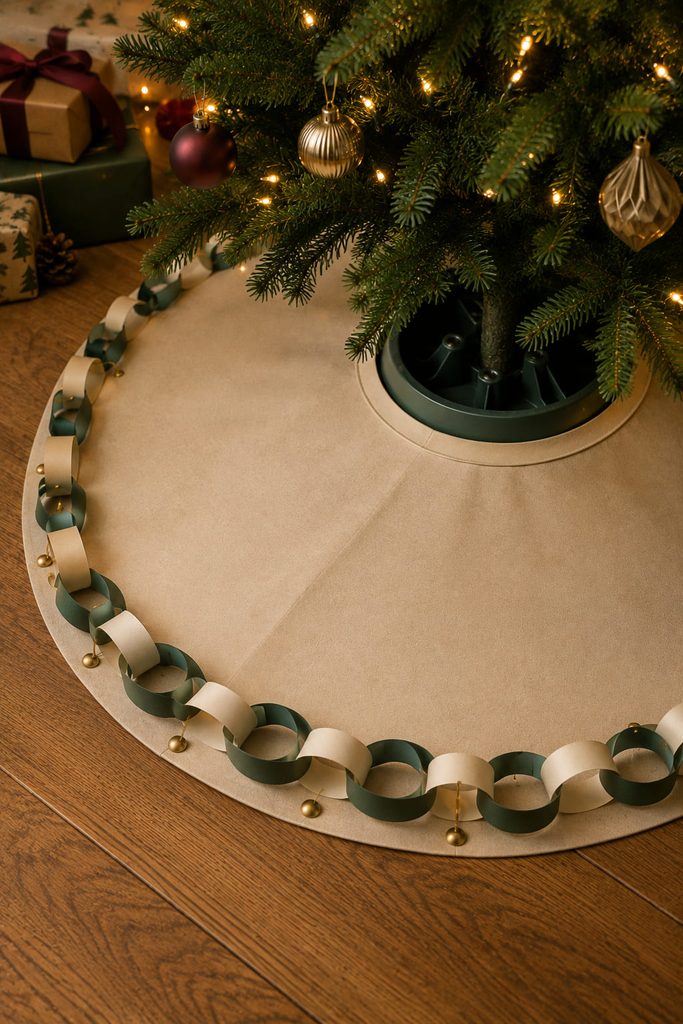 Dimensional paper-chain border attached around the outer edge of a minimal Christmas tree skirt.