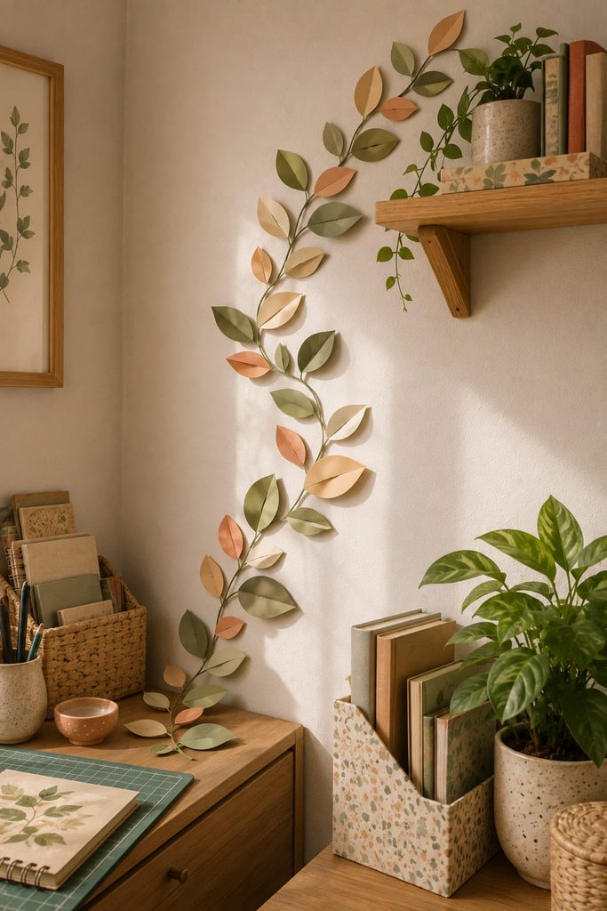 Folded paper leaf vine climbing from a desk corner toward a wall shelf.
