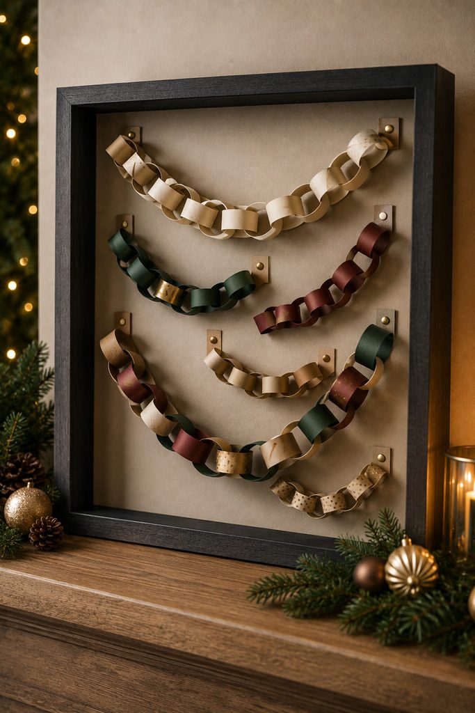 Layered paper chains arranged as dimensional relief inside a deep Christmas shadow box.