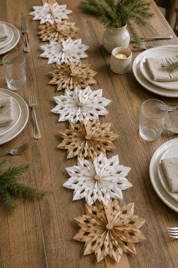 Low snowflake table runner anchored to a narrow paper strip with clear space for plates.