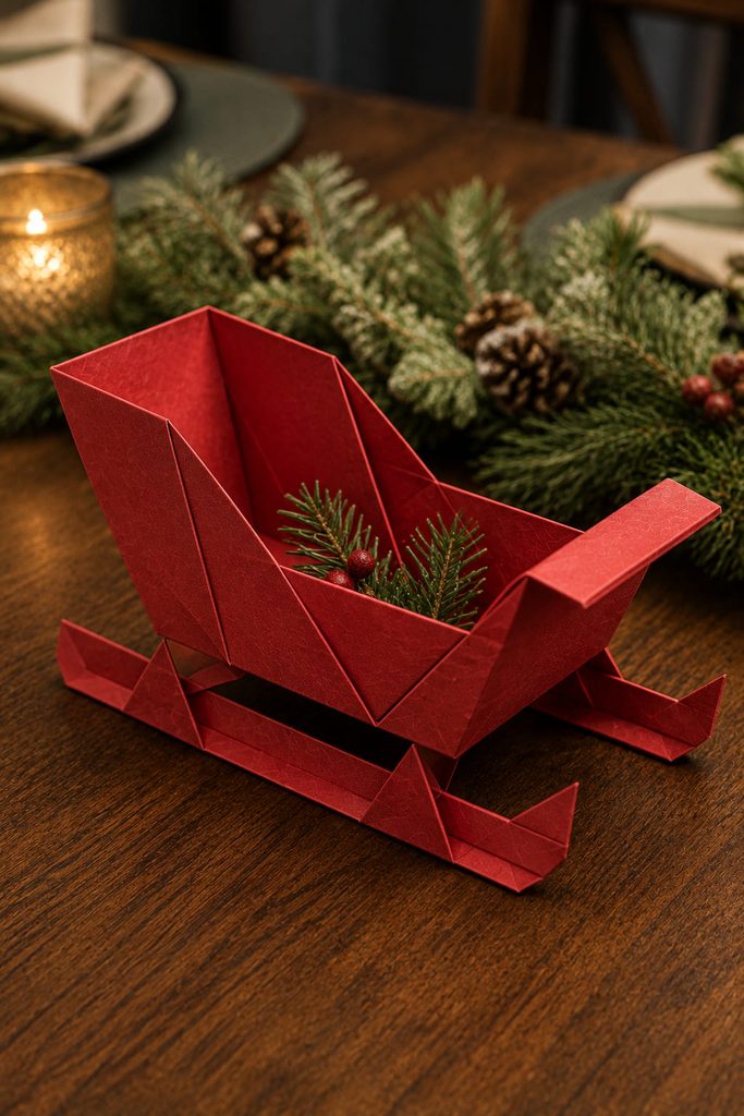 Red dimensional origami sleigh with raised sides and folded runners resting evenly on a table.