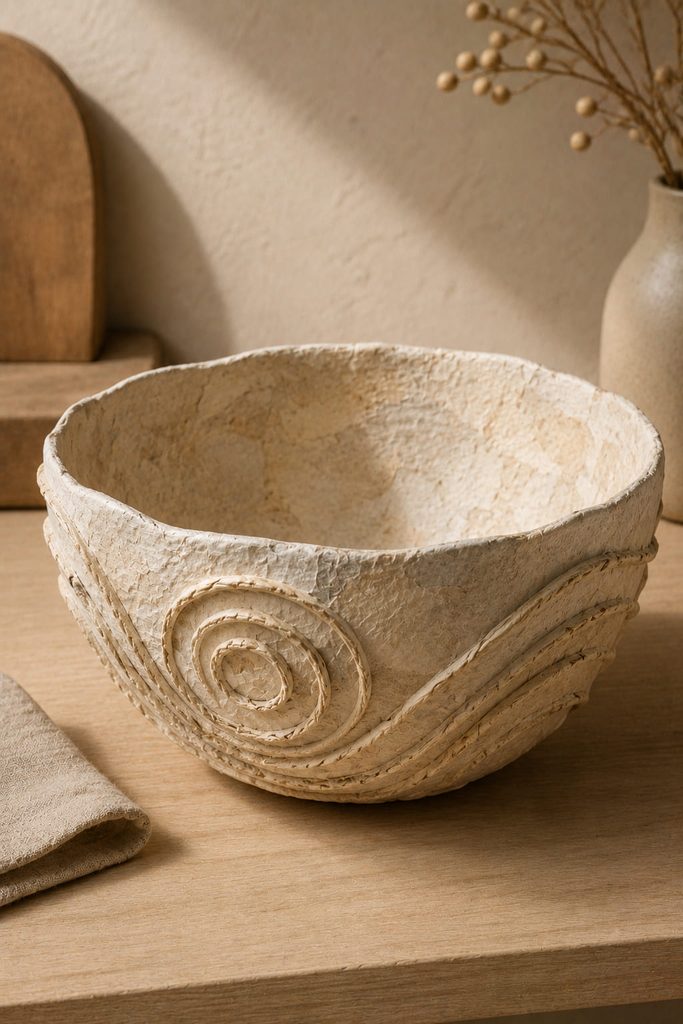 Decorative paper-mâché bowl with a layered shell, raised relief details, and a handmade textured surface.