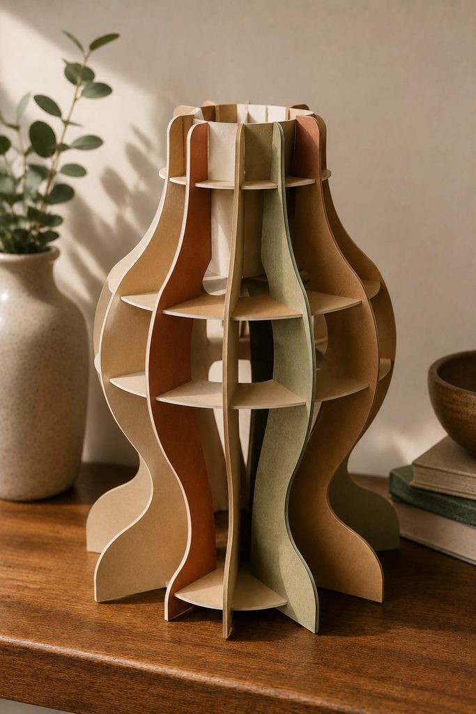 Freestanding slice-form paper sculpture made from interlocking paperboard profiles.