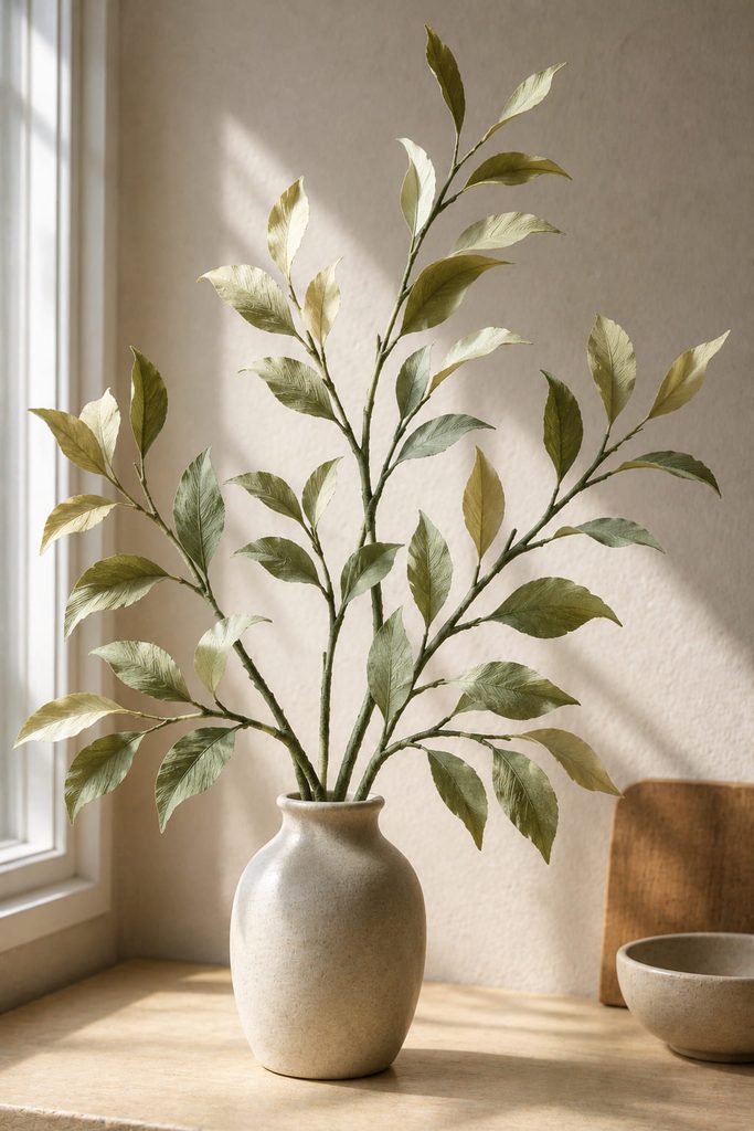 Crepe-paper leaf branches with wrapped flexible stems and shaped dimensional leaves arranged in a vase.