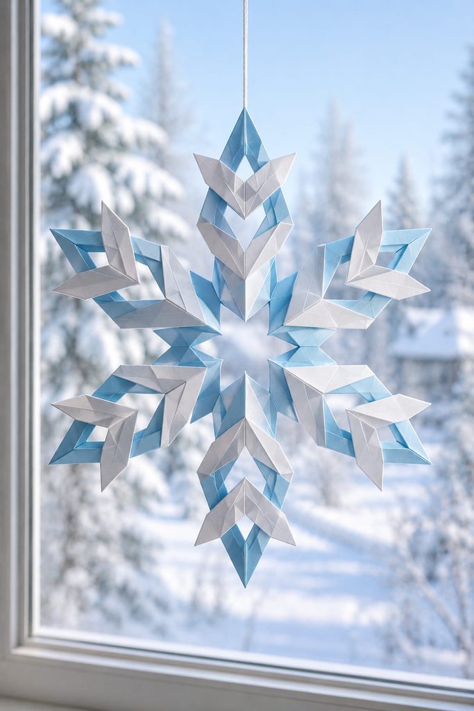Six-arm modular folded-paper snowflake hanging against a bright winter window.