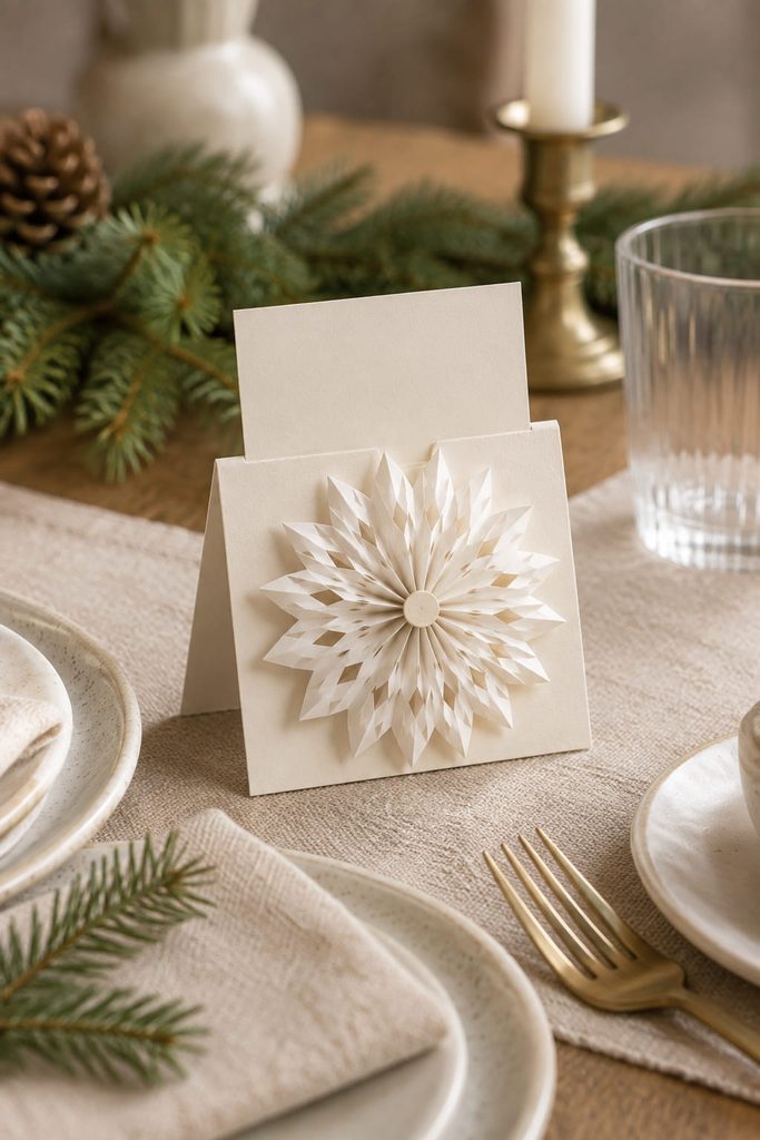 Freestanding snowflake place-card holder with a wide cardstock tent base and blank removable card.