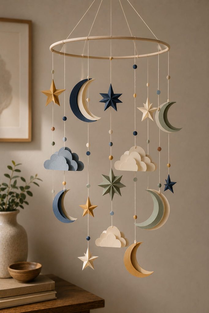 Layered paper moon, star, and cloud shapes balanced on a hanging mobile.
