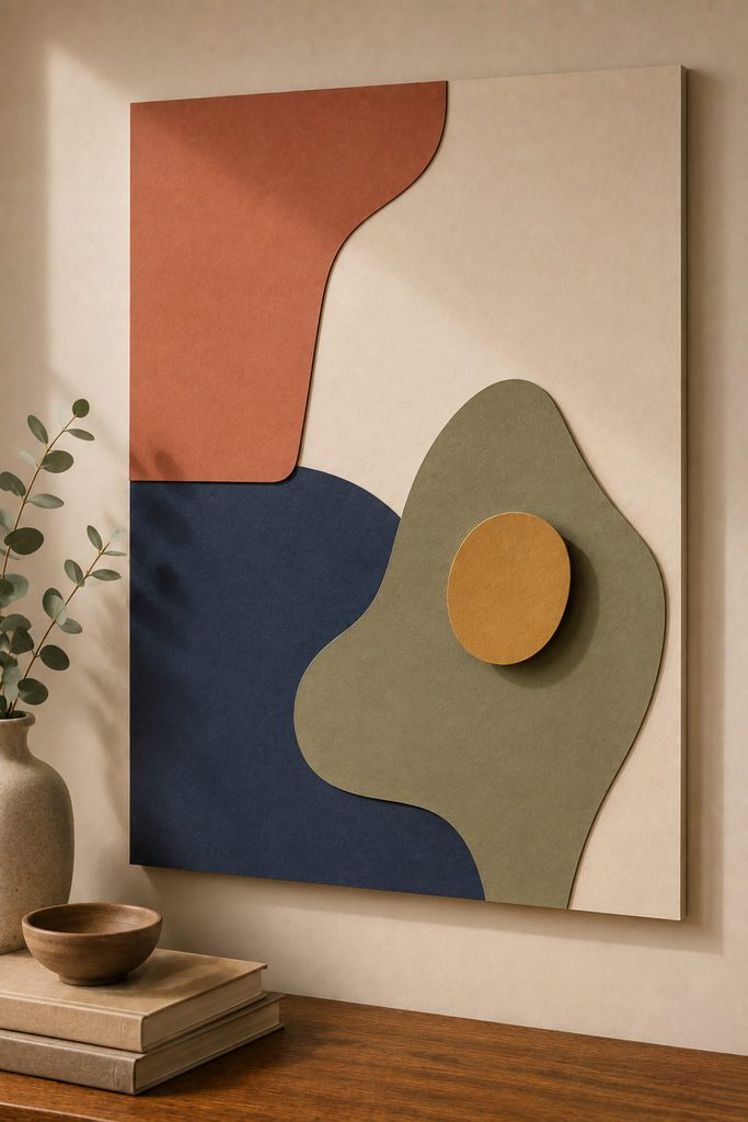Abstract paper collage with overlapping color blocks and one raised focal shape.