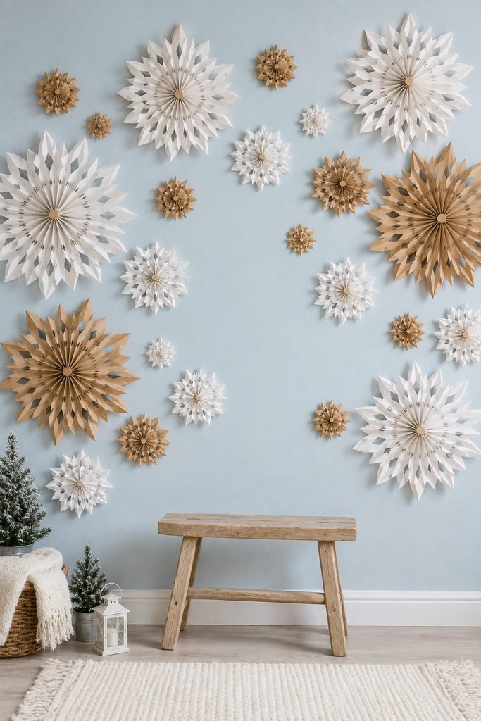 Modular cluster of different-size snowflakes arranged with open wall space for a winter photo backdrop.