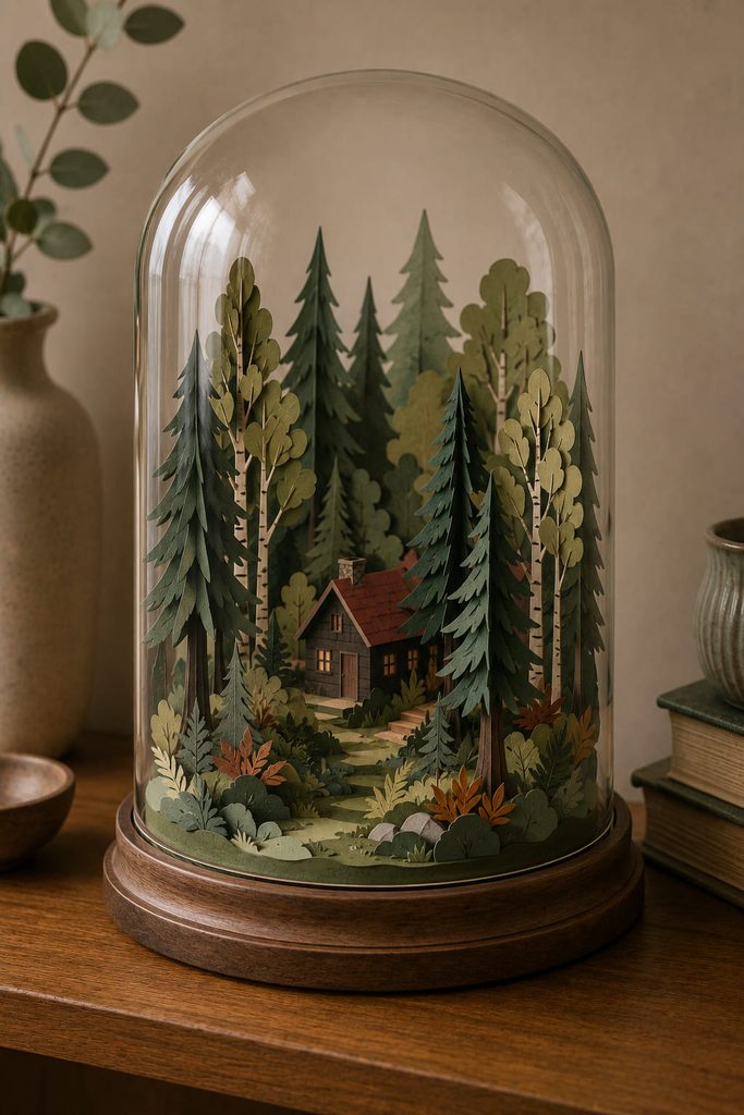 Layered forest paper diorama with upright trees and a tiny cabin displayed under a clear cloche.