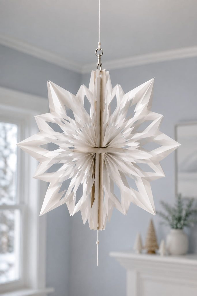 Crossed three-dimensional snowflake spinner suspended from a swivel with open turning clearance.