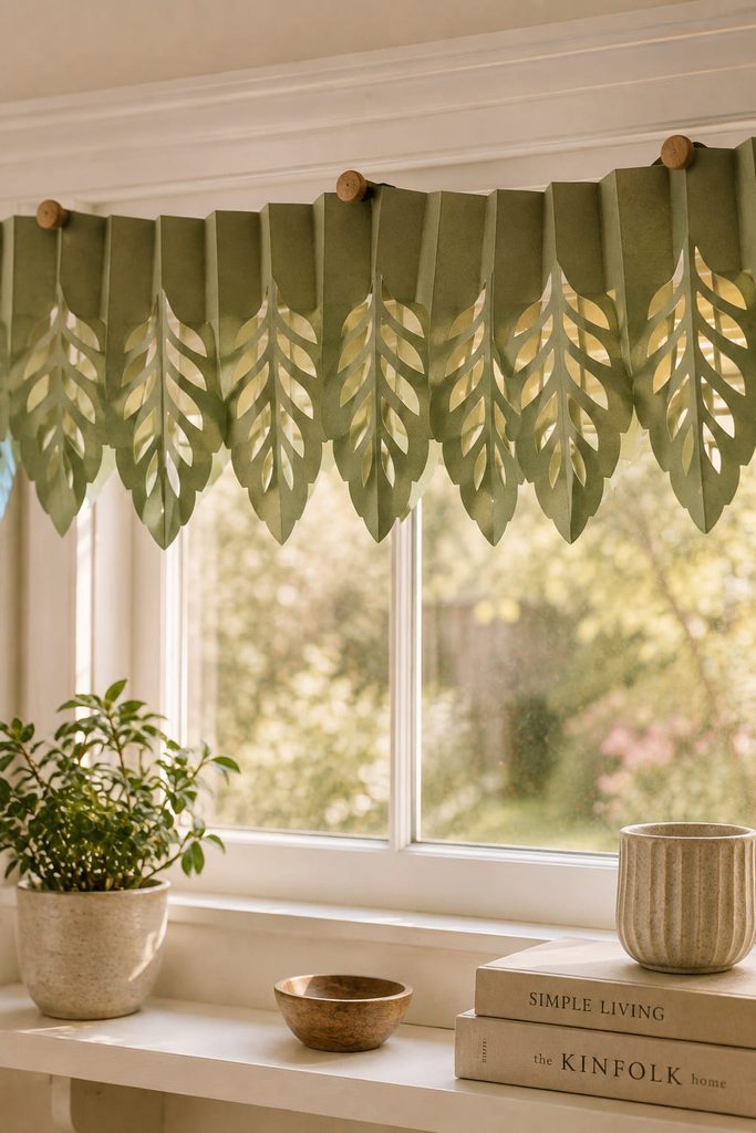 Accordion-cut paper leaf chain hanging as a lightweight window valance.