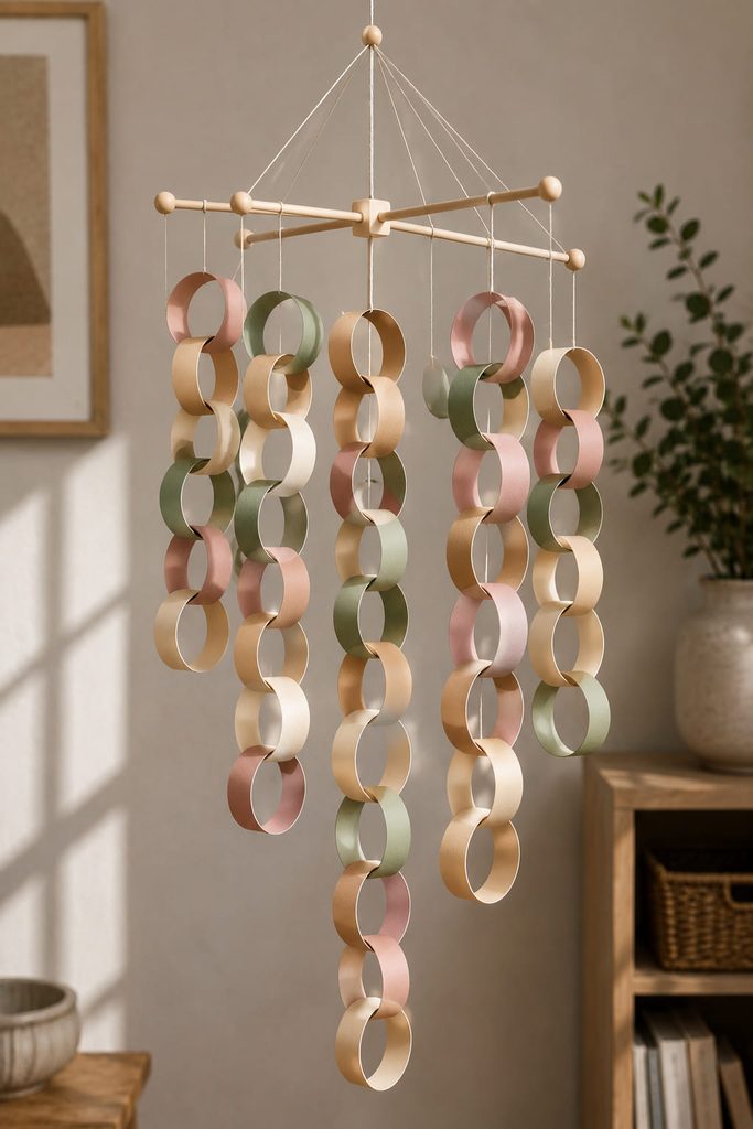 Balanced paper chain mobile with staggered crossbars and hanging link strands.
