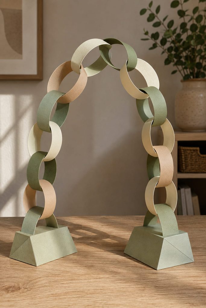 Freestanding cardstock paper-chain arch fixed to a wide tabletop base.