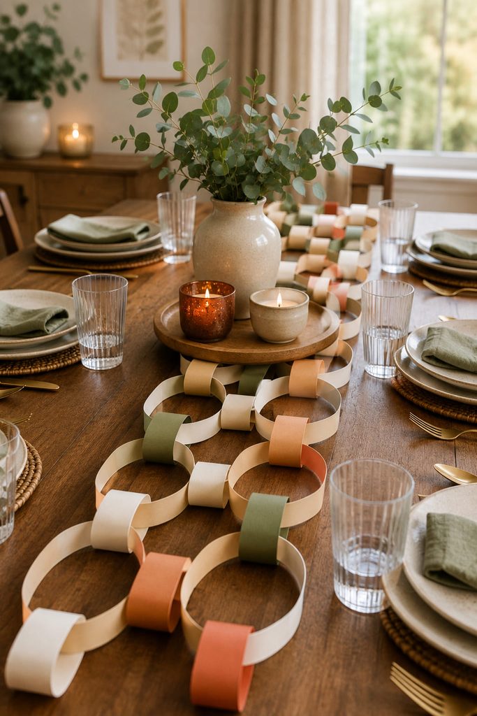 Flattened paper chain arranged as a low table runner between place settings.