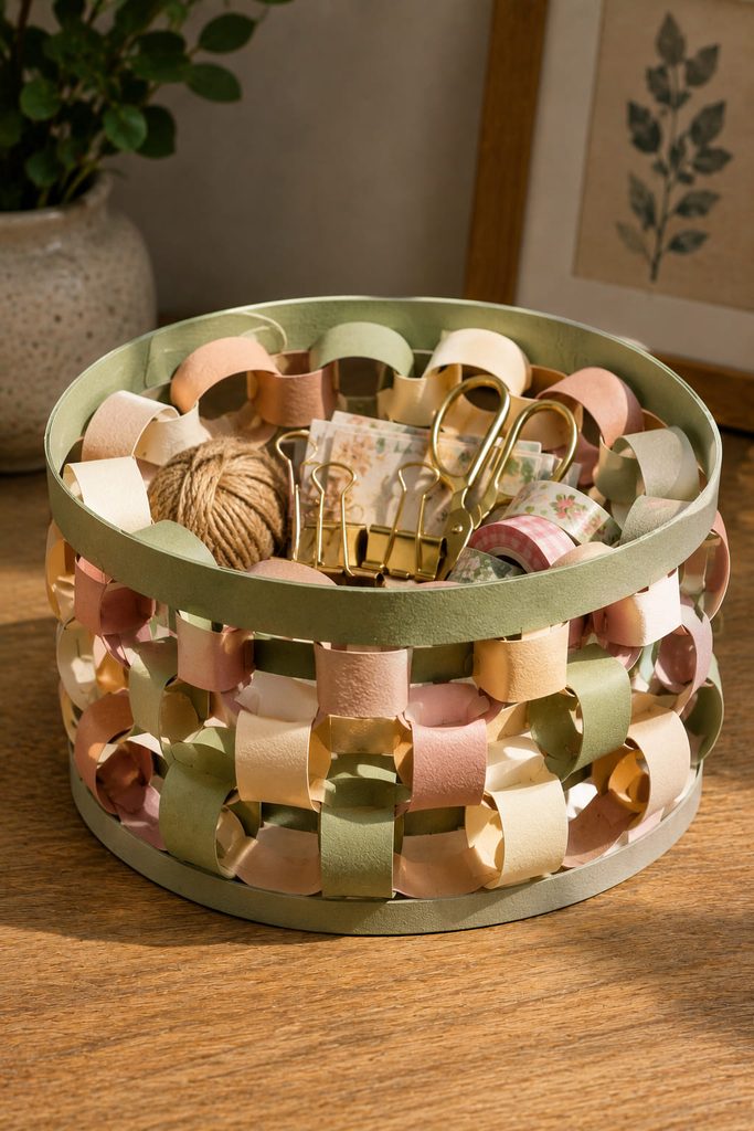 Small paper chain-link basket with a rigid base holding lightweight craft notions.