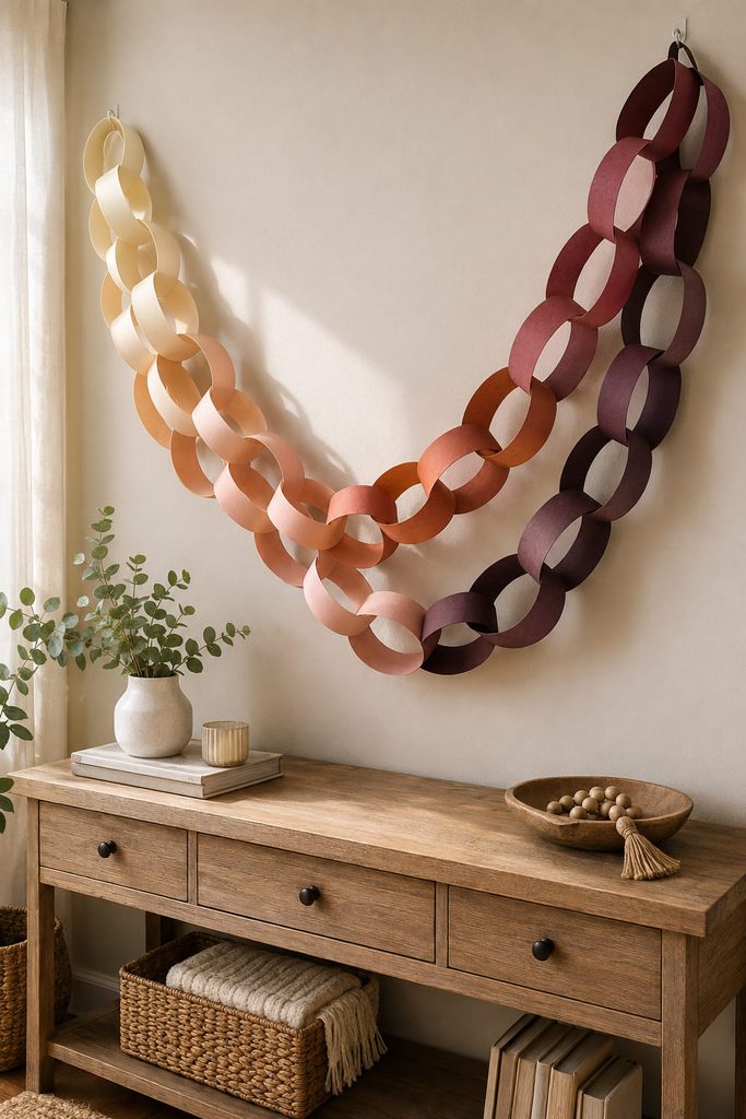 Oversized ombre paper chain draped across a neutral wall above a simple console.