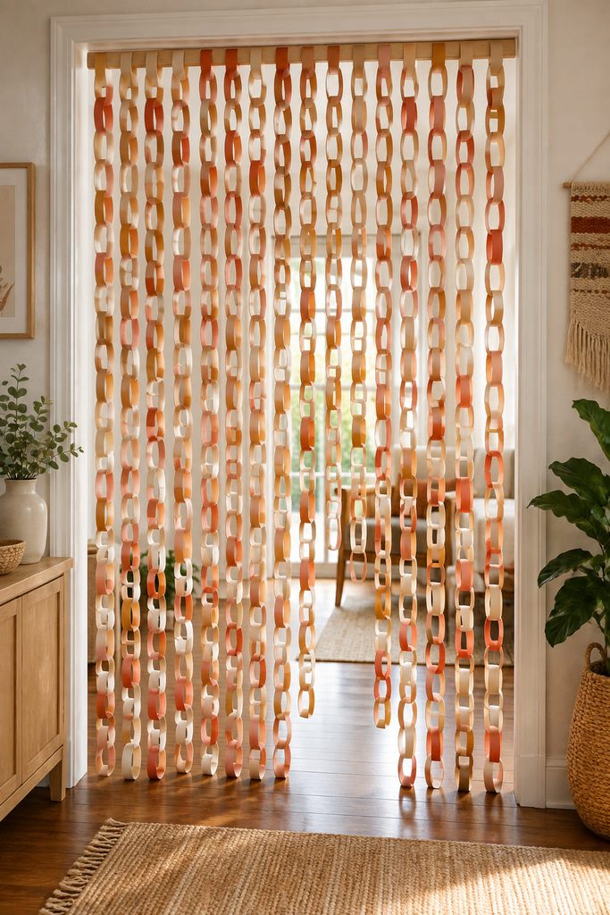 Floor-length paper chain strands hanging in a doorway like a lightweight curtain.