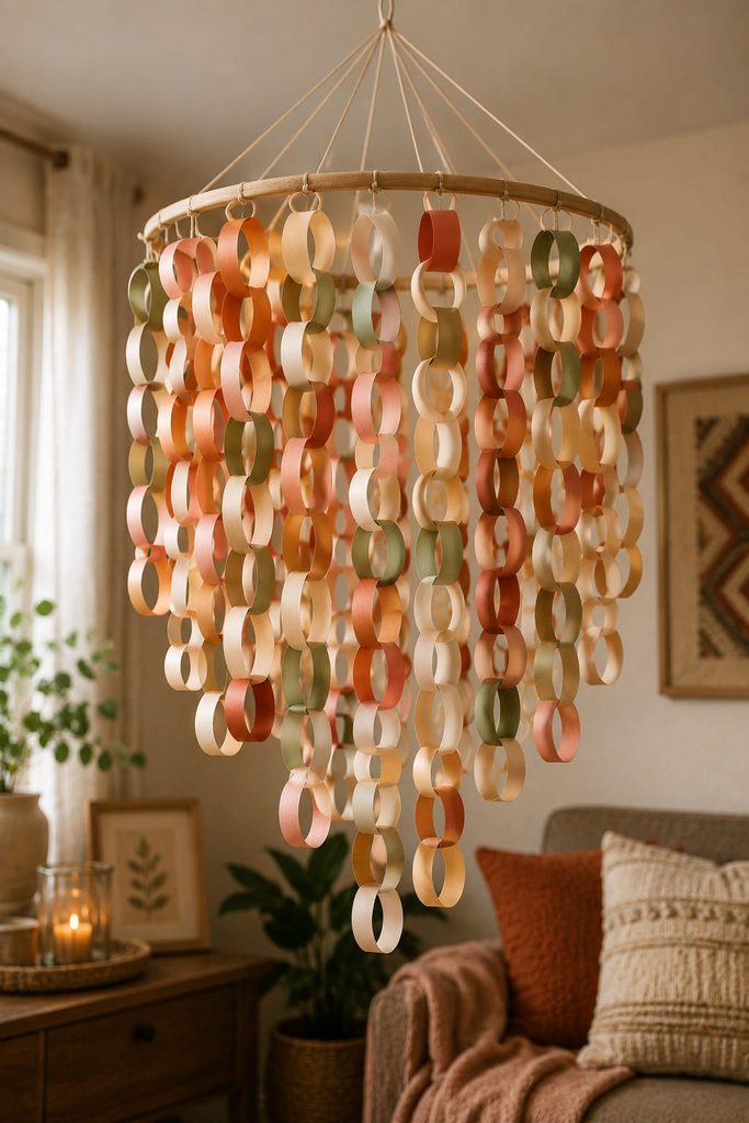 Cascading paper chain strands suspended from a lightweight hoop overhead.