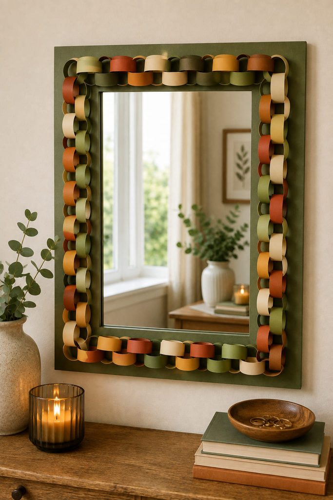 Rectangular mirror framed with small oval paper chain links on a backing strip.