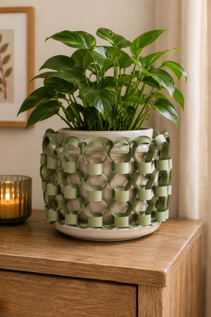 Openwork paper chain collar wrapped around a ceramic plant pot above its saucer.