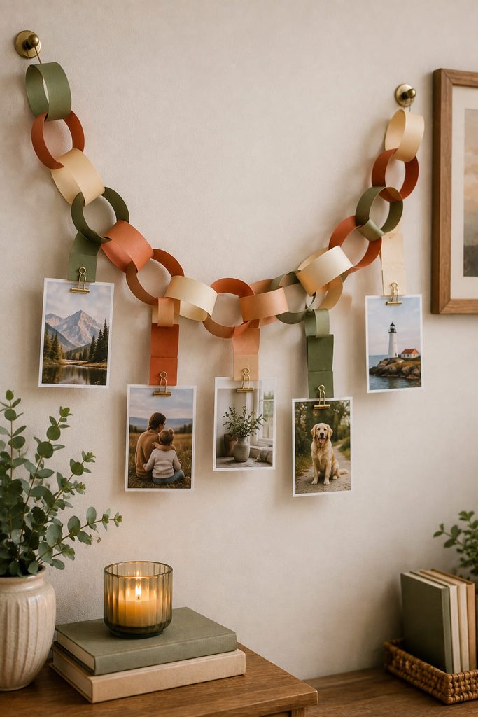Large paper chain links displaying small photos on removable tabs.
