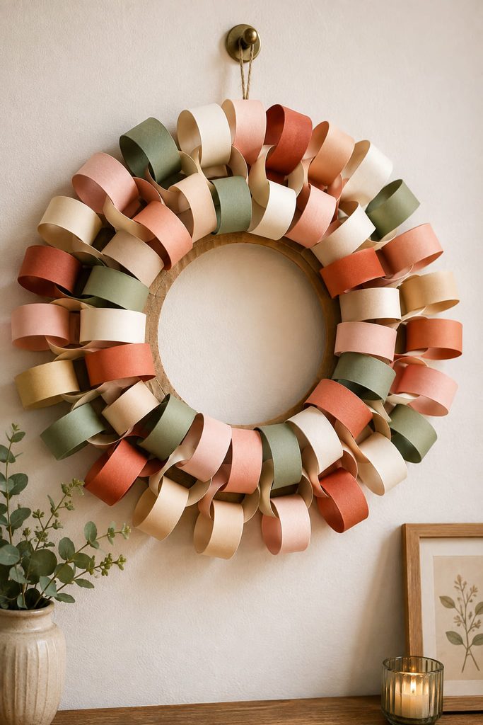 Radial paper chain wreath with layered linked loops around a circular base.