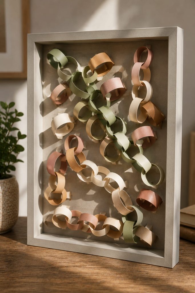 Paper chain segments arranged in layered relief inside a deep shadow box frame.