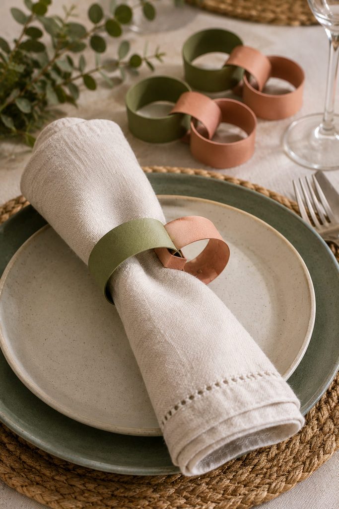 Two-link paper chain napkin ring holding a folded linen napkin at a place setting.