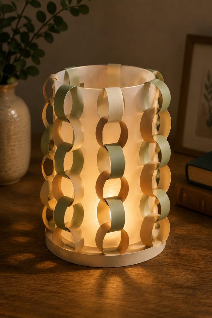 Vellum lantern sleeve glowing through an open lattice of paper chain links.