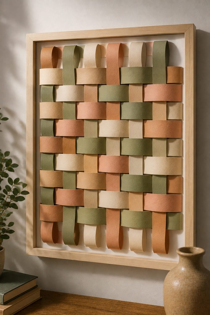 Framed wall panel woven from flattened paper loops in an over-under grid.