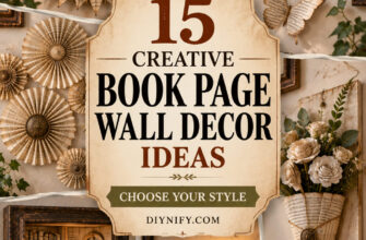 Pinterest-style cover for 15 book page wall decor ideas featuring varied vintage paper craft previews.