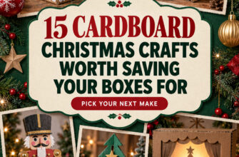Cover for 15 cardboard Christmas crafts made from saved shipping boxes.