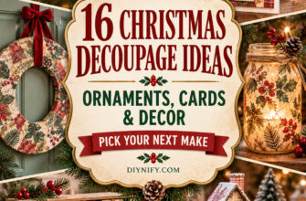 Cover for 16 Christmas decoupage ideas featuring ornaments, cards, and handmade holiday decor.