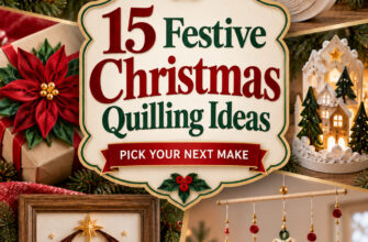 Cover for 15 Christmas quilling ideas featuring detailed handmade paper ornaments, decor, gifts, and dimensional projects.