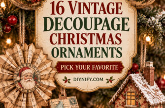 Cover for 16 DIY decoupage Christmas ornaments with vintage flair.