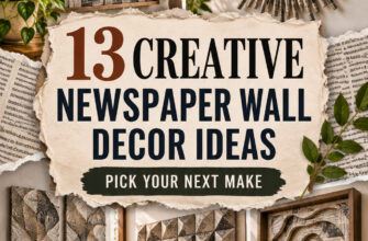 Cover for 13 newspaper wall decor ideas featuring woven, rolled, molded, folded, and layered recycled crafts.