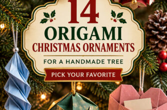 Cover for 14 origami Christmas ornament ideas with folded bauble, flower ball, crane, icicle, and heart previews.