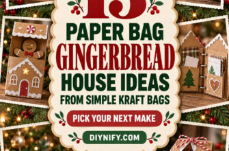 Pinterest-style cover for 13 paper bag gingerbread house ideas made from simple kraft bags.