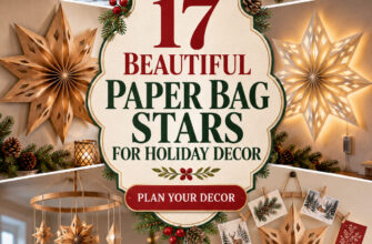Cover for 17 paper bag stars featuring several holiday wall, window, hanging, and tabletop decor ideas.