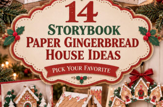Pinterest-style cover for 14 paper gingerbread house ideas with folded, glowing, pop-up, wreath, and flat-pack craft previews.
