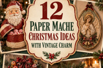 Cover for 12 paper mache Christmas ideas featuring vintage handmade ornaments, a Santa container, luminary, wreath, sleigh, and angel plaque.