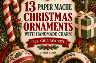 Cover for 13 paper mache Christmas ornaments with varied handmade sculpted and hanging designs.