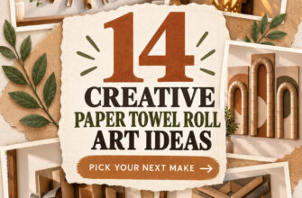 Cover for 14 paper towel roll art ideas featuring varied recycled cardboard wall decor projects.