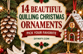 Cover for 14 quilling Christmas ornaments featuring detailed handmade paper ornament previews.