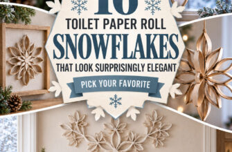 Cover for 16 elegant toilet paper roll snowflake ideas made from recycled cardboard tubes.